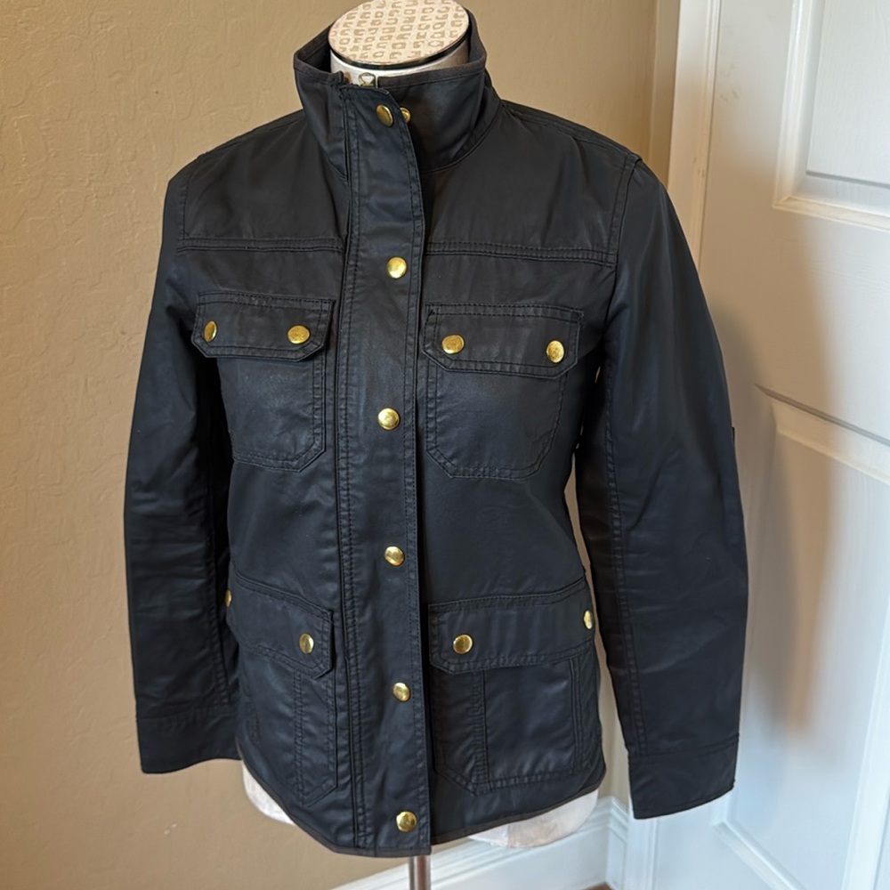 J.Crew Black Resin Coated Twill Field Jacket Petite XS PXS Gold Button Utility